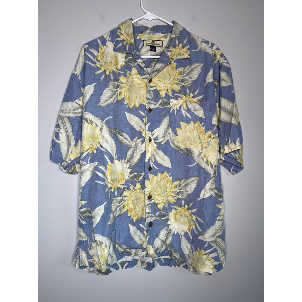 Tommy Bahama Blue Yellow Green Floral Hawaiian Tropical Resort Silk Camp Shirt M - Picture 1 of 4